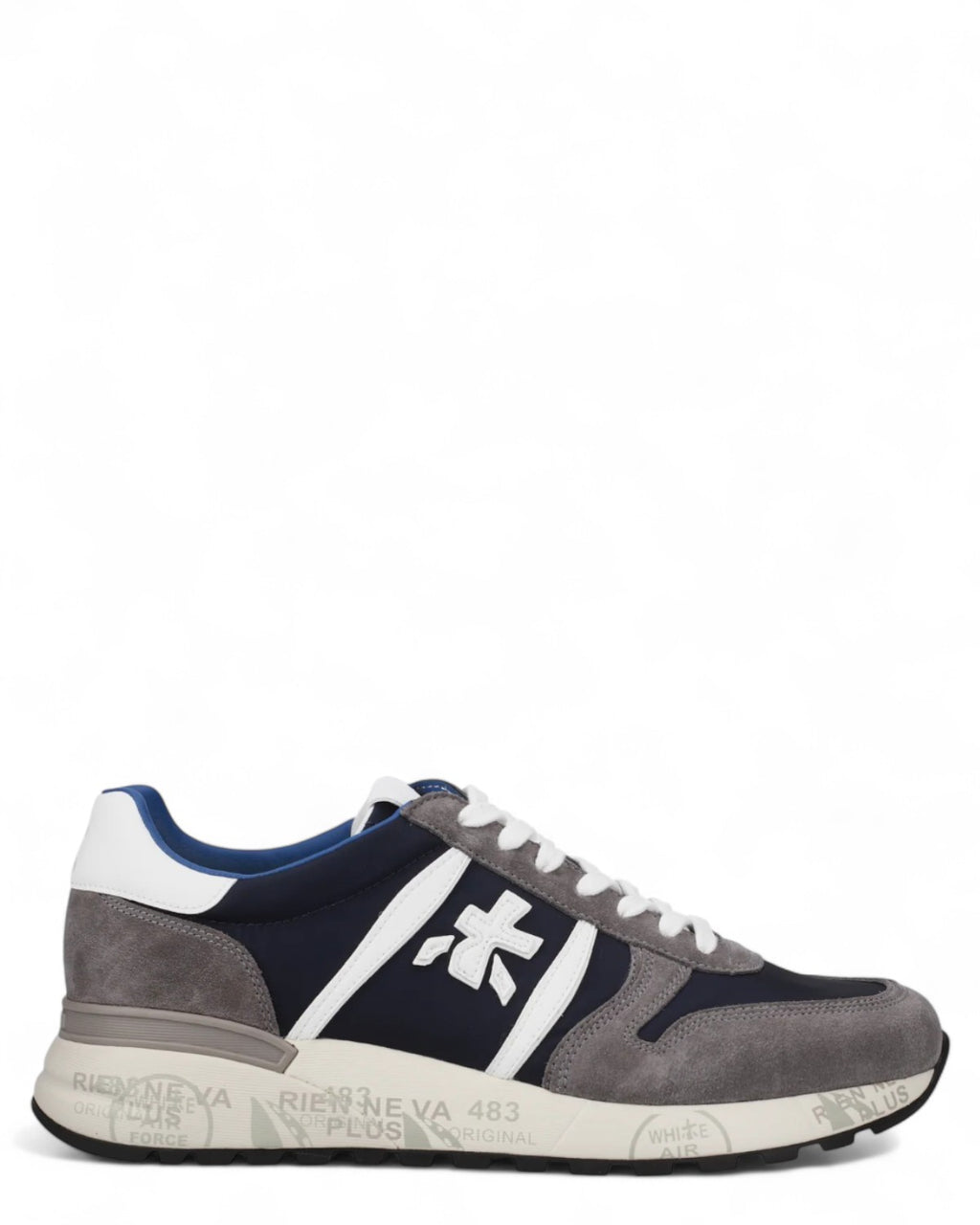 Sneakers Lander 7203 da uomo in pelle e nylon grigio e blu, design sportivo con suola logata, perfette per stile e comfort invernale.