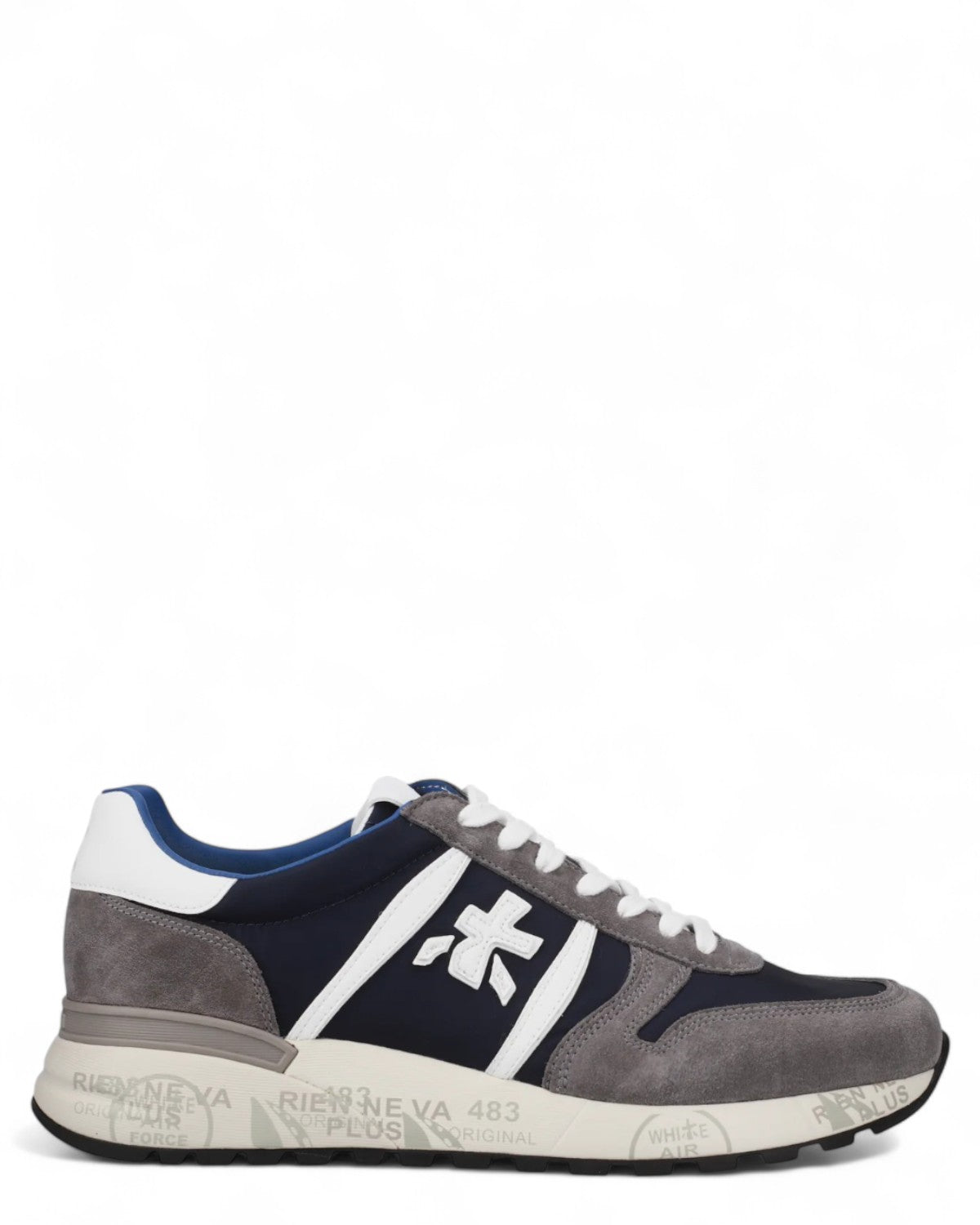 Sneakers Lander 7203 da uomo in pelle e nylon grigio e blu, design sportivo con suola logata, perfette per stile e comfort invernale.