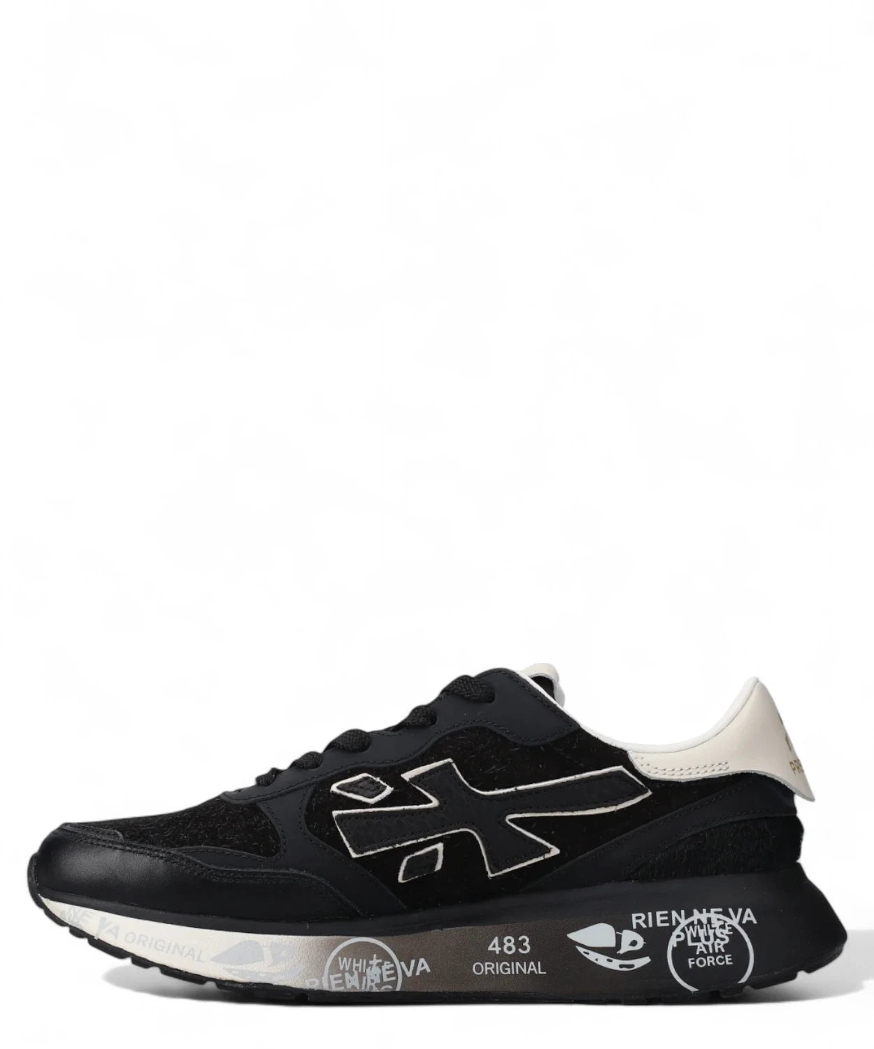 Sneakers Lauryn 7803 Premiata nere con tallone bianco e design moderno, ideali per outfit invernali eleganti e confortevoli.