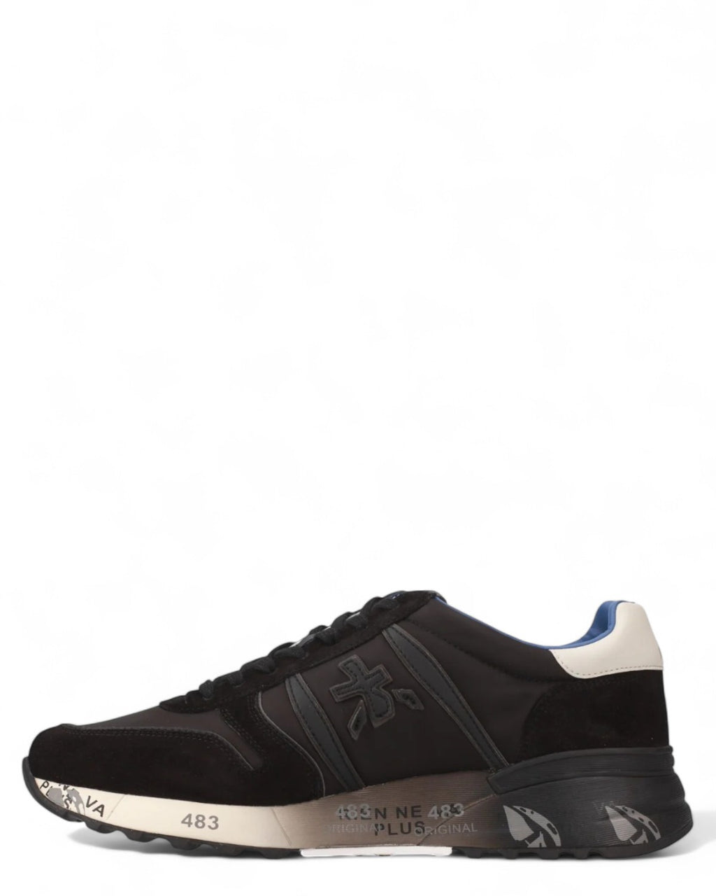 Scarpe da ginnastica uomo Premiata Lander 7079, lato interno in nylon e suede nero, con suola chiara decorata e dettagli blu.