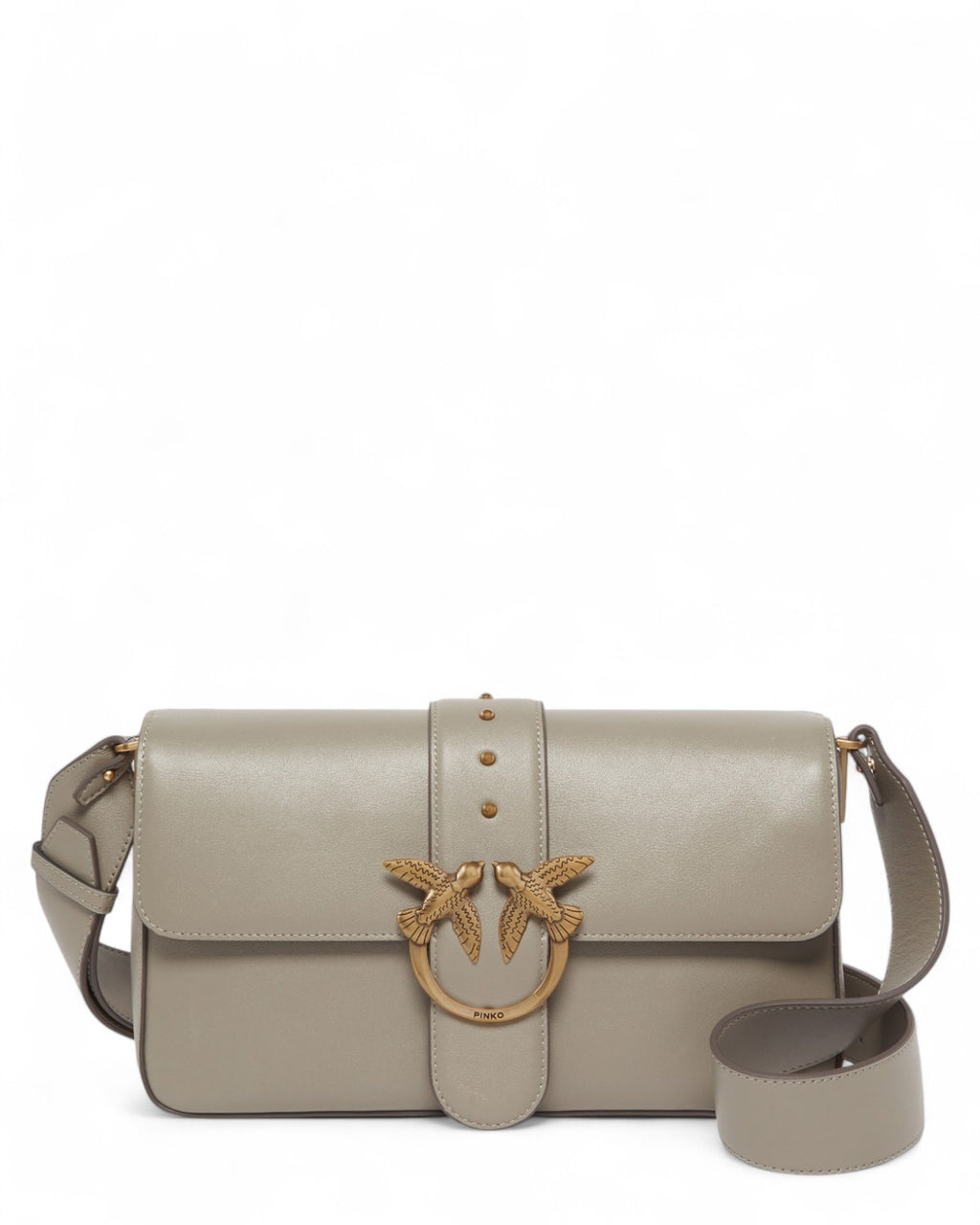Borsa in pelle a spalla PINKO Love Bag Slouchy grande, color tortora con chiusura a patta e iconico dettaglio Love Birds dorato.