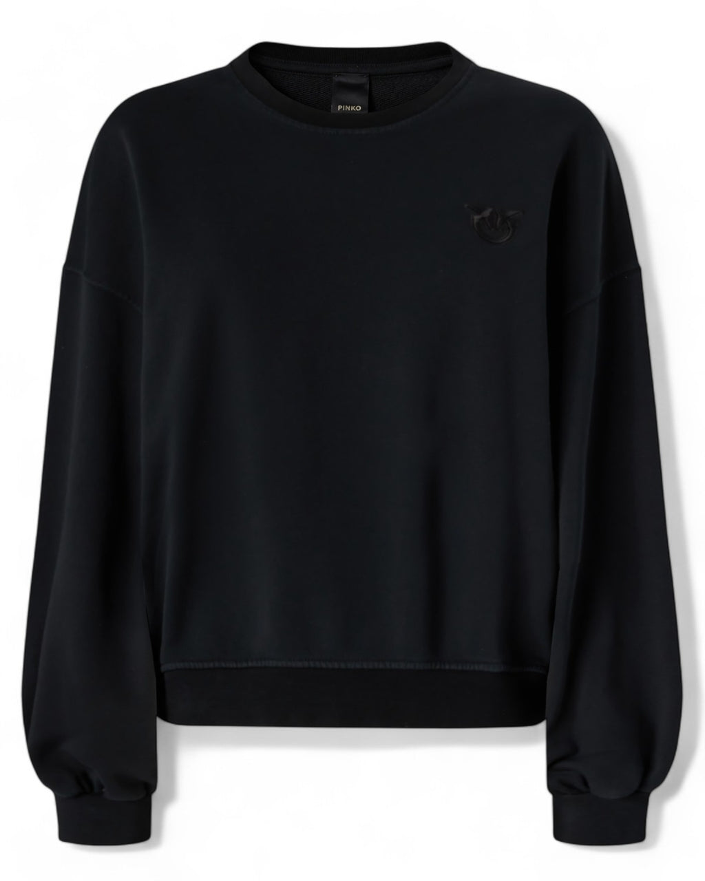 Felpa Pinko cotone nera con ricamo Love Birds tono su tono sul petto. Maglieria donna casual chic FW26, ideale per look invernali.