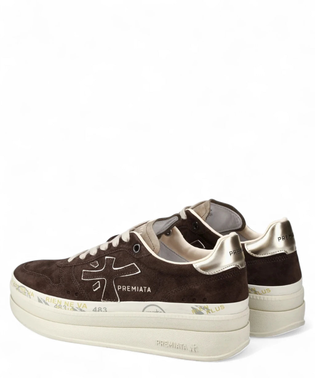 Retro sneakers Premiata Micol 7894 Platform con tallone metallizzato e suola platform, perfette per outfit casual chic invernali.
