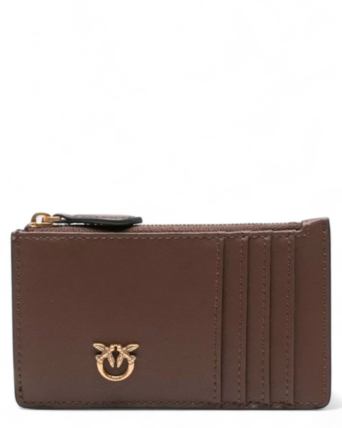 Portacarte Pelle Zip Pinko con Logo marrone, design compatto con scomparti per carte e logo Love Birds dorato sul fronte.