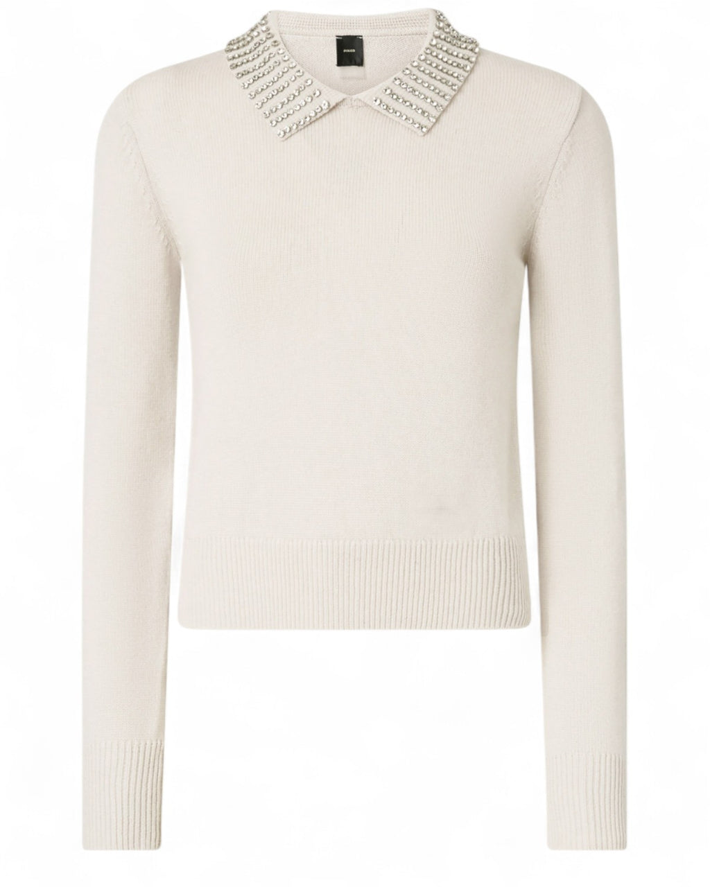 Maglia Polo Strass Pinko in maglia beige con colletto decorato da strass, stile elegante e femminile per la stagione invernale FW26.