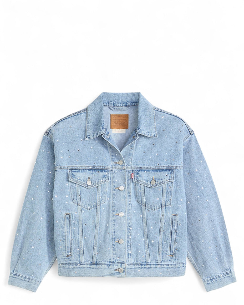 Giubbino Jeans Trucker Strass di Levi's in denim chiaro con strass applicati, stile anni '90, taglio oversize e tasche frontali con bottoni.