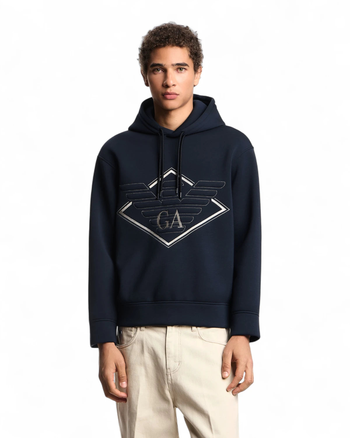 Felpa con Cappuccio e Maxi Ricamo Aquila Blu Navy in Double Jersey-Emporio Armani-Felpe-Vittorio Citro Boutique