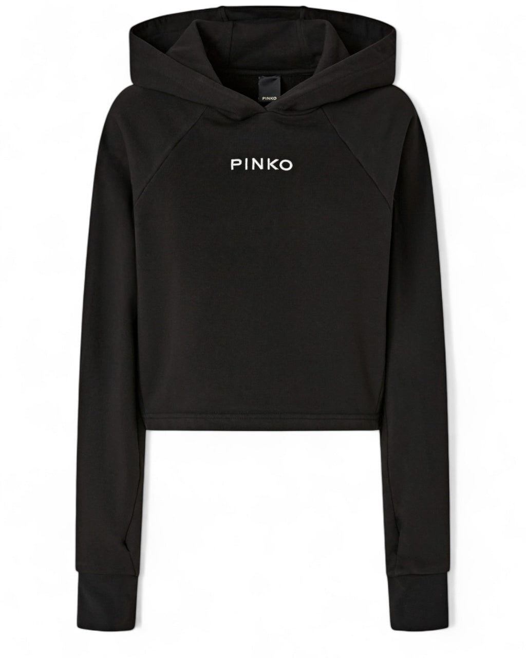 Felpa Cropped con Cappuccio e Ricamo Logo PINKO nera, vista frontale. Design minimal con logo ricamato bianco su petto, stile casual-chic.