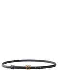 Cintura sottile Pinko 1cm in pelle nera con mini fibbia Love Birds Diamond Cut in finitura antique gold, perfetta per look casual chic.