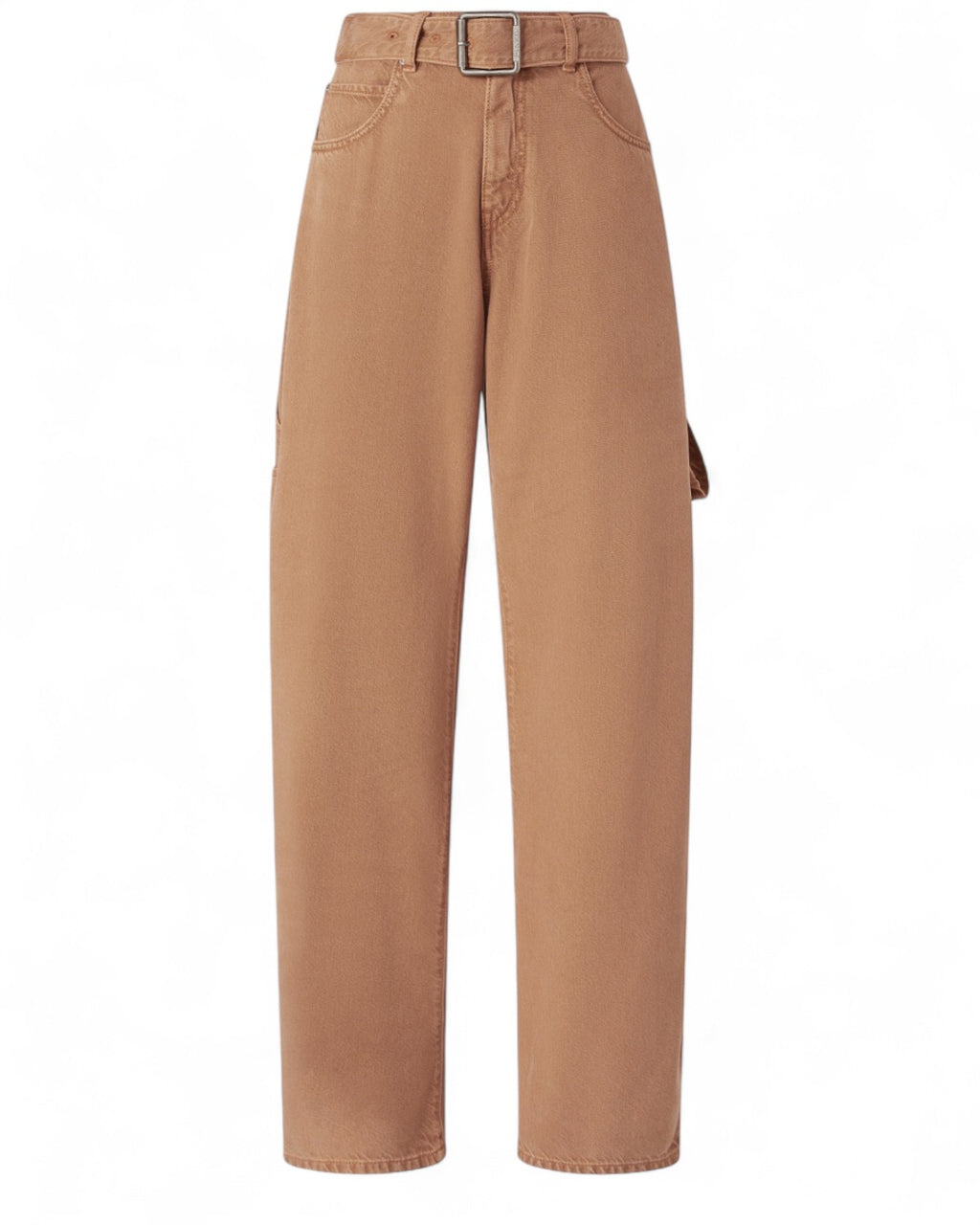 Pantaloni Balloon Denim Workwear PINKO in cotone e lyocell color cammello con cintura e tasche laterali, stile utility per donna FW26.