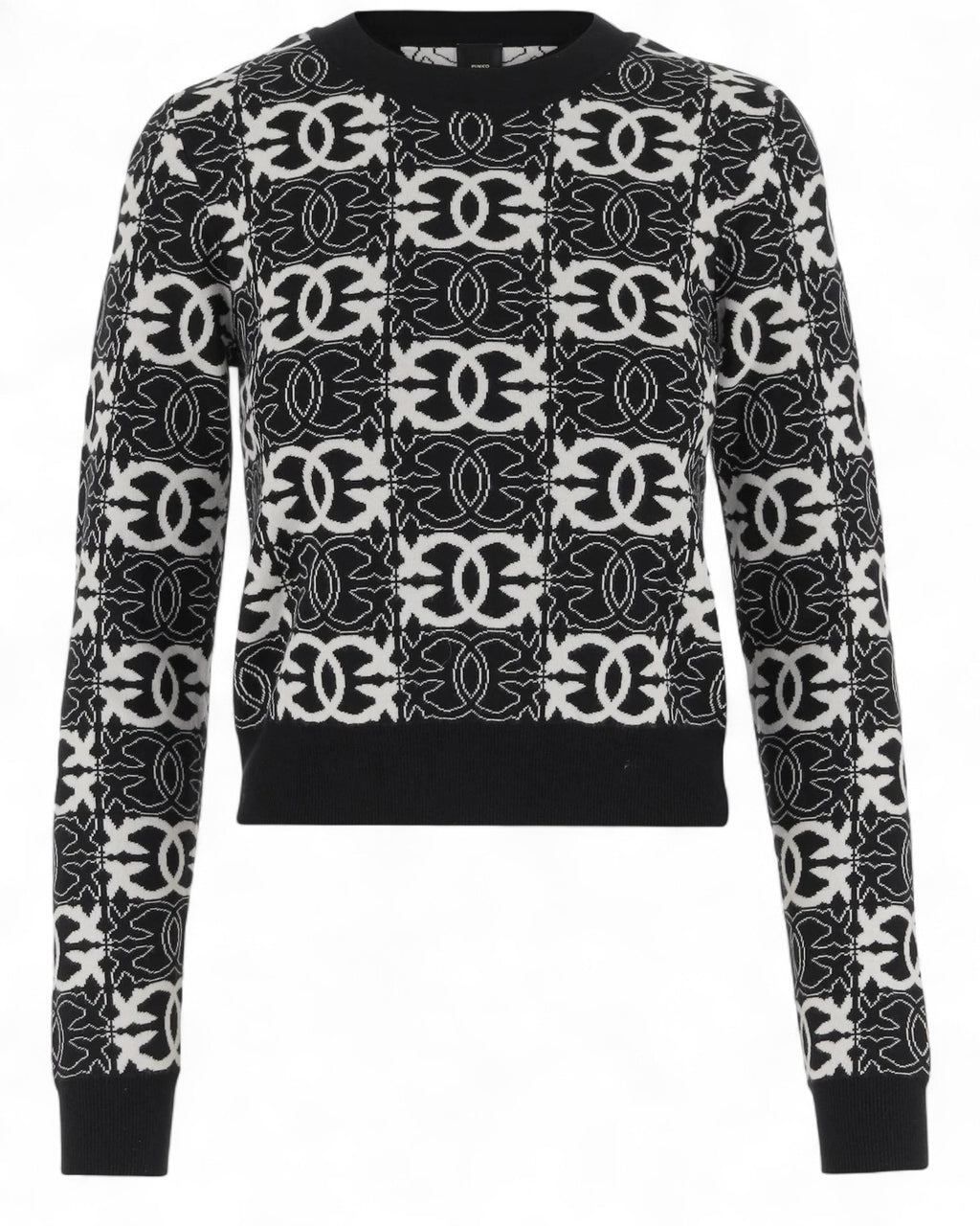 Maglia Girocollo Love Birds PINKO Elegante in misto viscosa nera con stampa all-over bianca, perfetta per look femminili invernali.