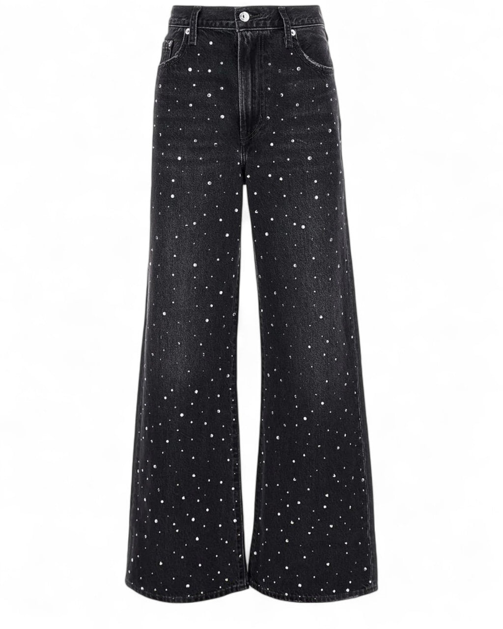 Jeans Ribcage Vita Alta Levi’s neri con strass, taglio wide leg, stile anni '70 e sostenibilità in cotone biologico. Ideali per look invernali donna.