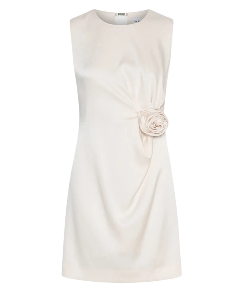 CARENA Short Sleeveless Satin Dress with Appliqué Flower and Draping