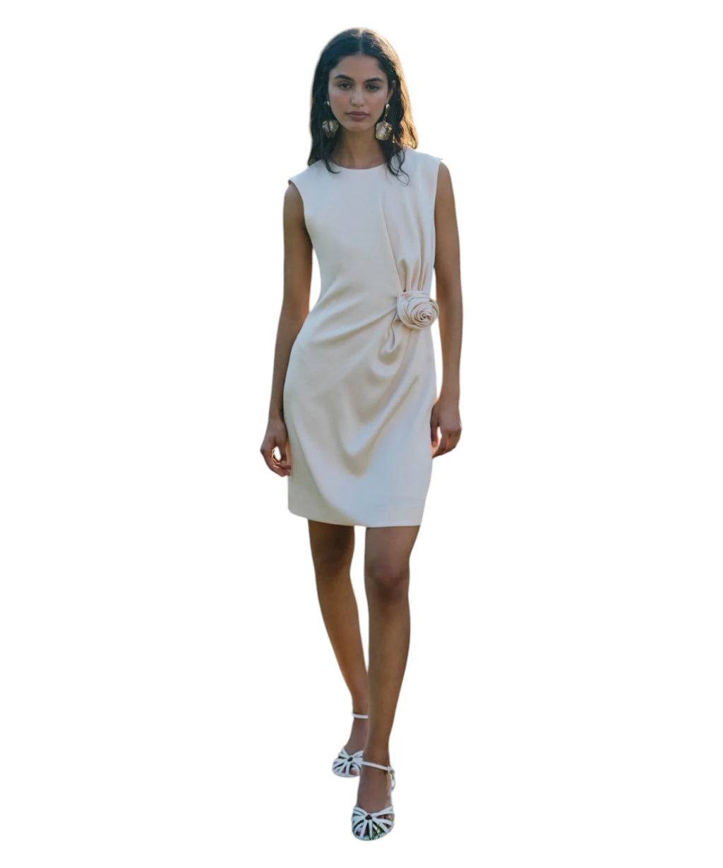 CARENA Short Sleeveless Satin Dress with Appliqué Flower and Draping