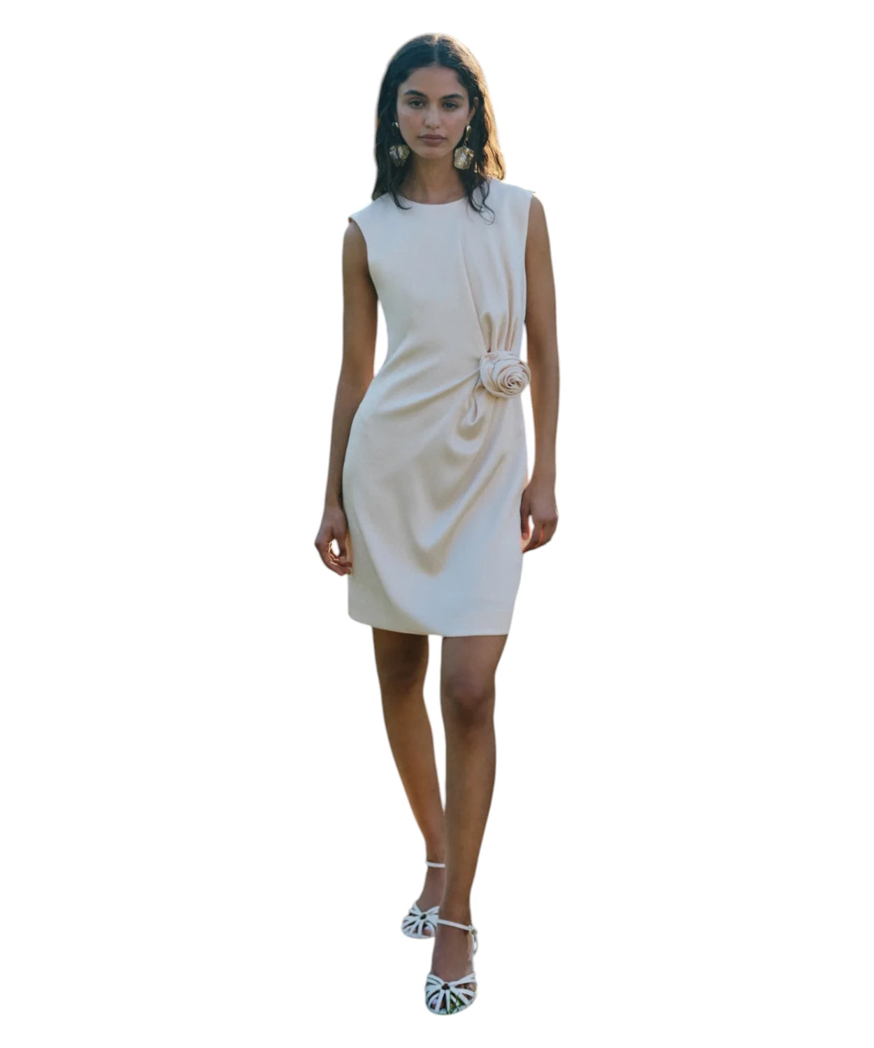 Abito CARENA Corto Smanicato in Satin con Fiore Applicato e Drappeggio