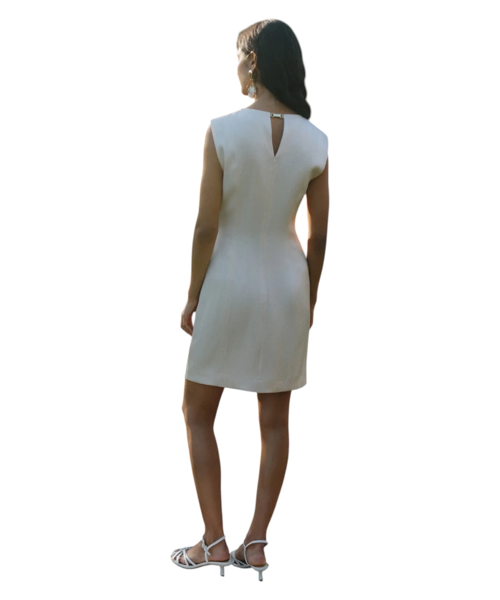 CARENA Short Sleeveless Satin Dress with Appliqué Flower and Draping