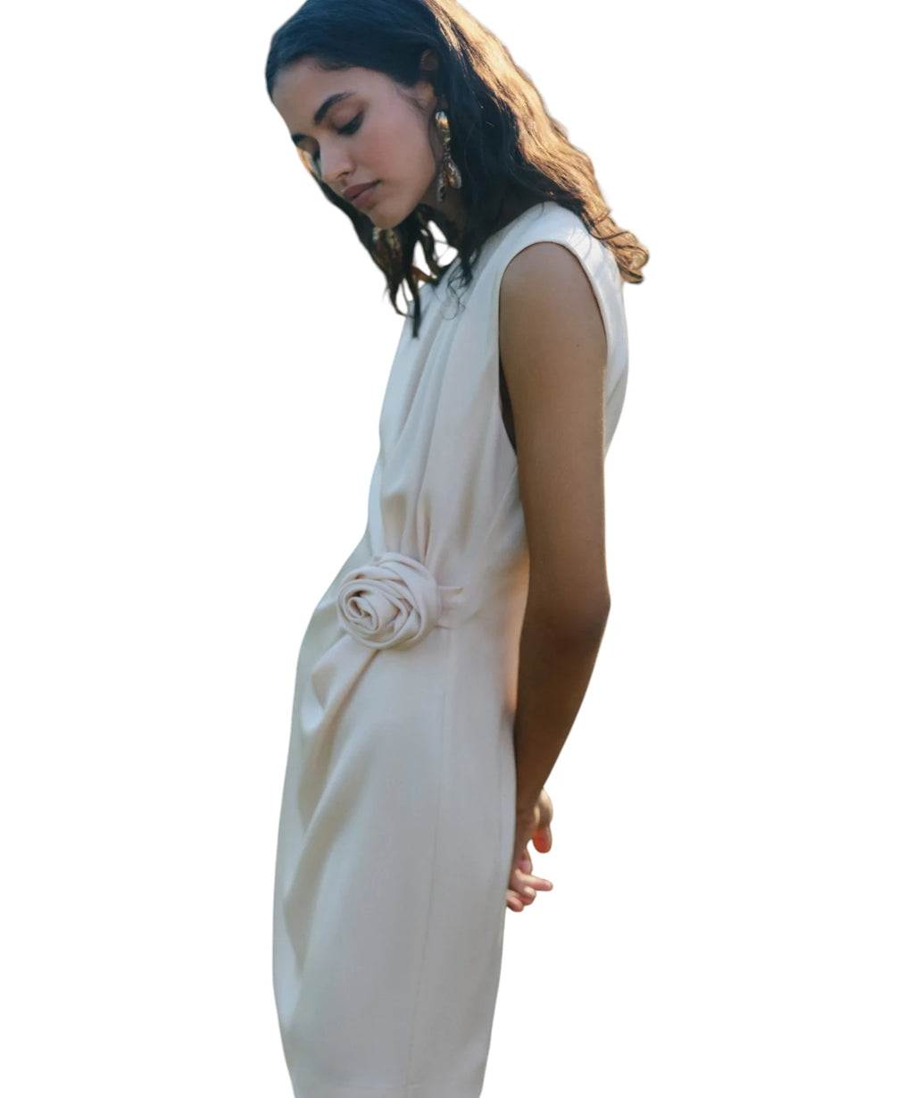 CARENA Short Sleeveless Satin Dress with Appliqué Flower and Draping
