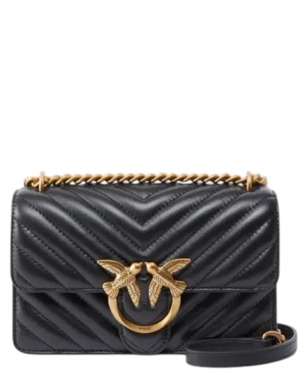Mini Love Bag Chevron in nappa trapuntata nera con chiusura Love Birds dorata e tracolla a catena regolabile, perfetta per look eleganti.
