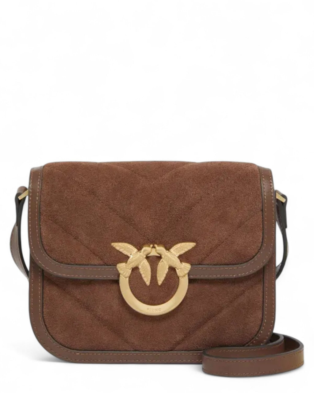 PINKO Mini Love Bag Box in pelle scamosciata marrone con fibbia Love Birds dorata e tracolla regolabile, borsa a spalla elegante FW26.