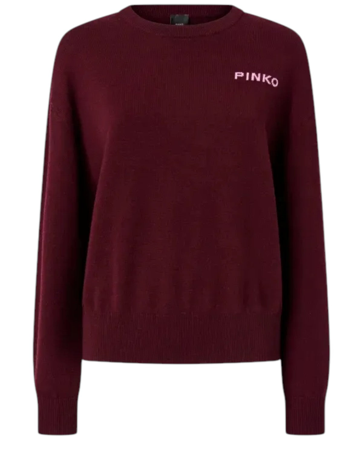 Maglione Martinica Love Birds in misto lana e cashmere Pinko, colore bordeaux con logo frontale ricamato, stile casual chic per l'inverno.