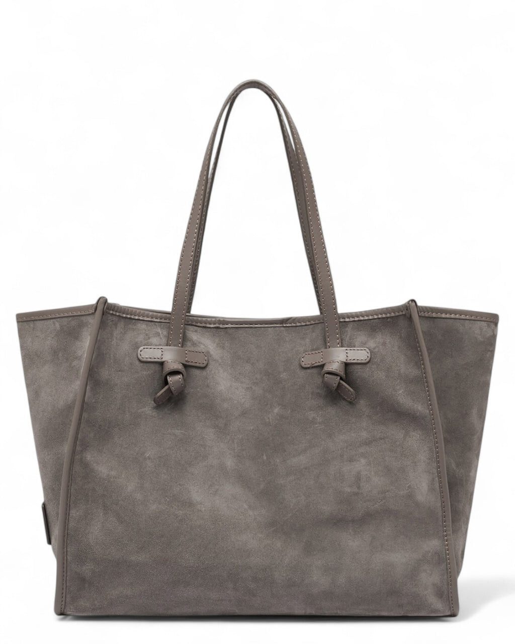 Borsa Tote Marcella in pelle scamosciata grigia con manici doppi e design elegante, perfetta per look invernali e outfit casual chic.