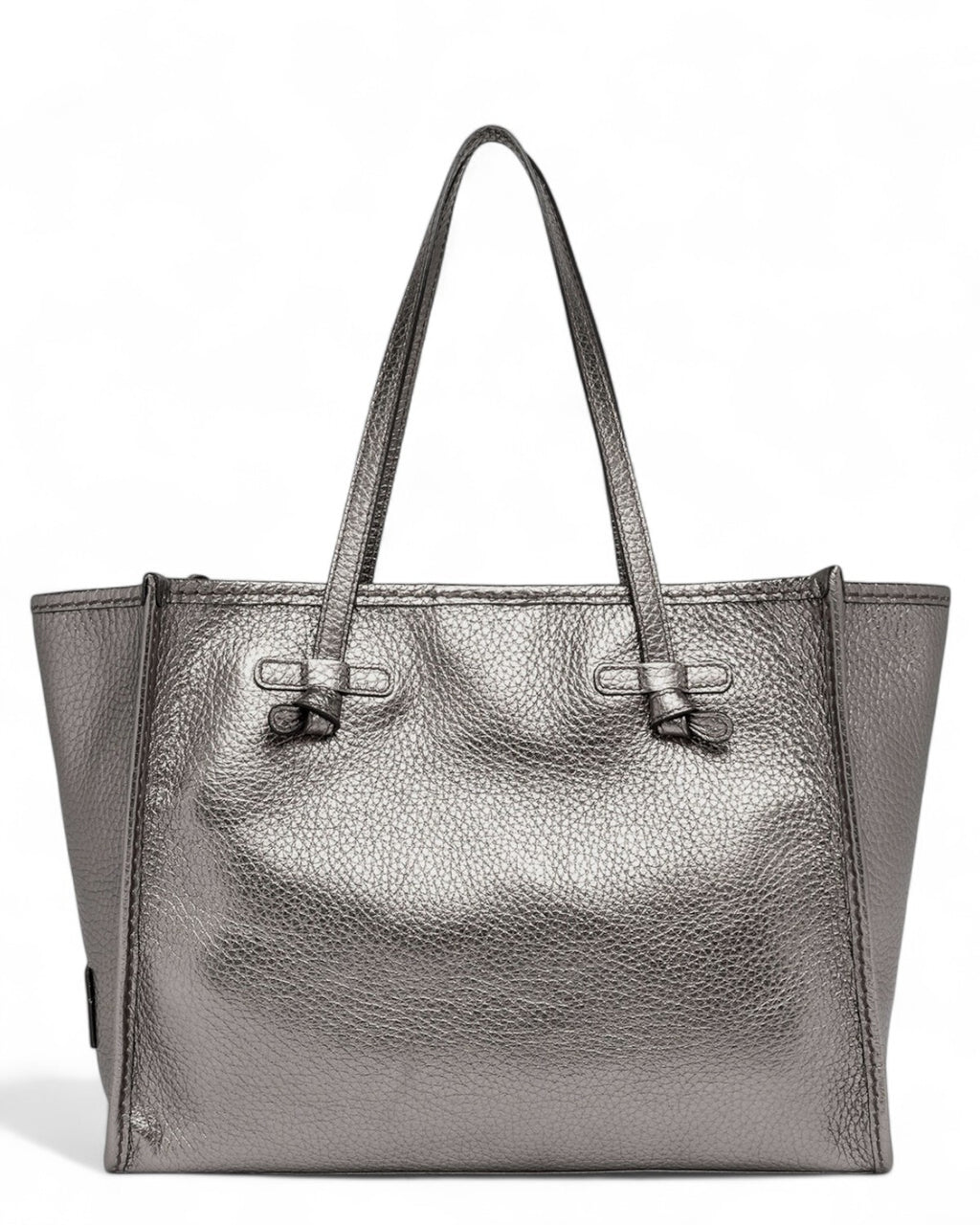 Shopping bag Marcella in pelle double grana maxi color argento, con manici lunghi e design elegante, ideale per look invernali da donna.