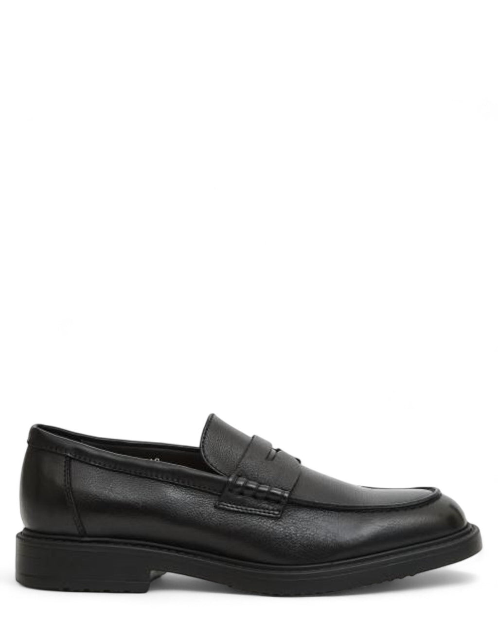 Mocassino Penny Pelle Nera Uomo Doucal's in pelle nappata, profilo laterale elegante per look formali e casual chic, suola robusta in gomma.