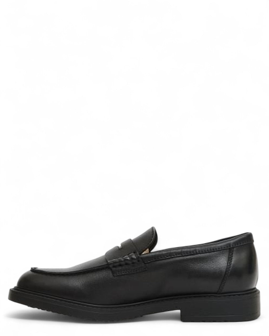 Mocassino Penny Pelle Nera Uomo Doucal's, vista laterale opposta con finitura lucida e silhouette classica, ideale per outfit invernali eleganti.
