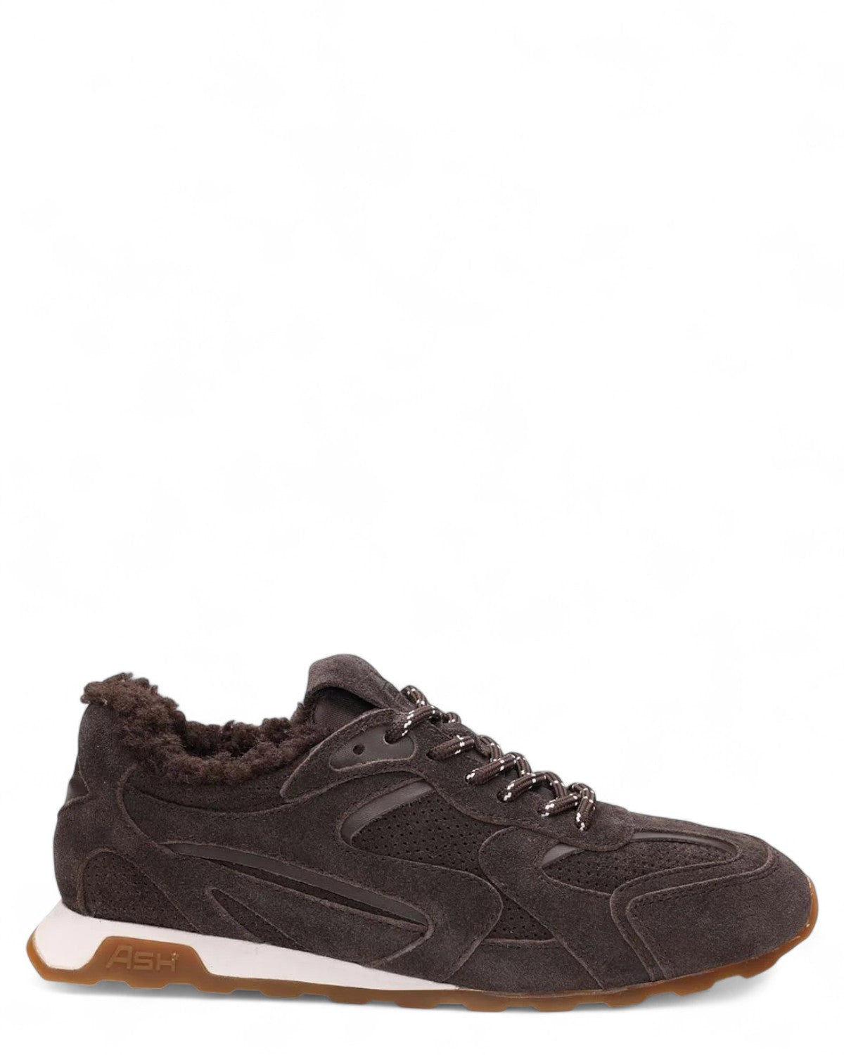 Scarpe Kasar in pelle scamosciata ed eco-pelliccia marrone con suola leggera e design sportivo, ideali per look casual invernali.