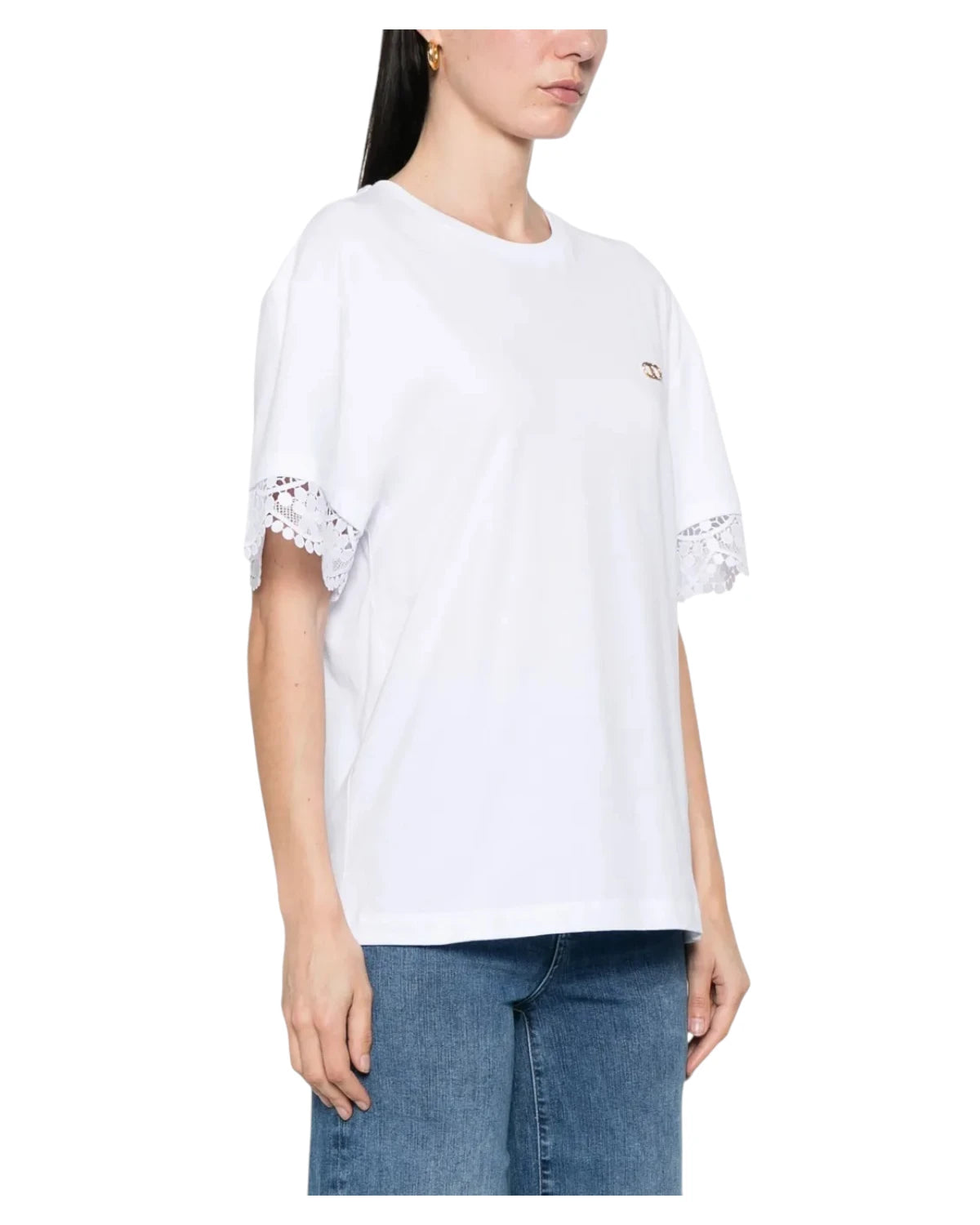 T-shirt bianca con maniche in pizzo-Twinset-T-shirt-Vittorio Citro Boutique
