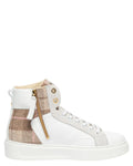 Sneakers Donna High Top in Pelle Bianca e Tessuto Beige con Zip Laterale