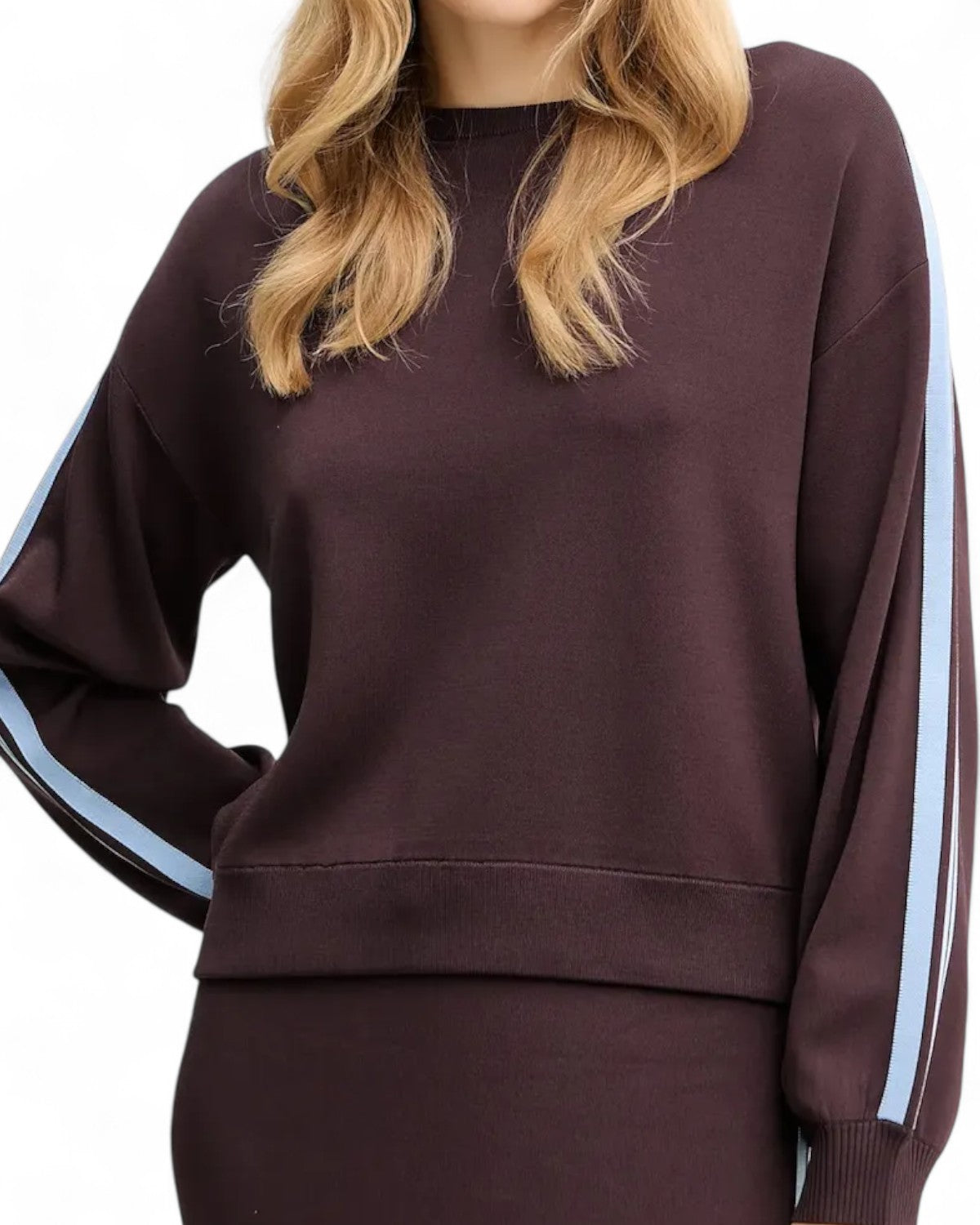 Dettaglio frontale della felpa Pinko elasticizzata color vinaccia con righe celesti sulle maniche, taglio Regular Fit per donna.