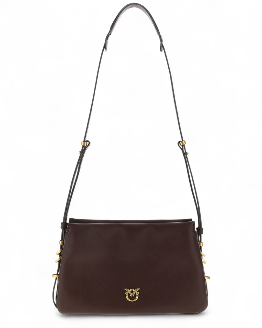 Borsa Tracolla Pelle Vitello Triplet Mini marrone con logo metallico dorato e tracolla regolabile, perfetta per look eleganti invernali.