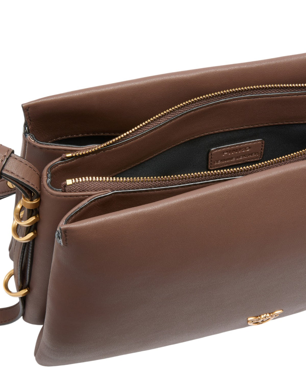 Dettaglio interno della borsa a tracolla Pinko in pelle con tre soffietti e chiusura zip, perfetta per organizzare gli oggetti personali.