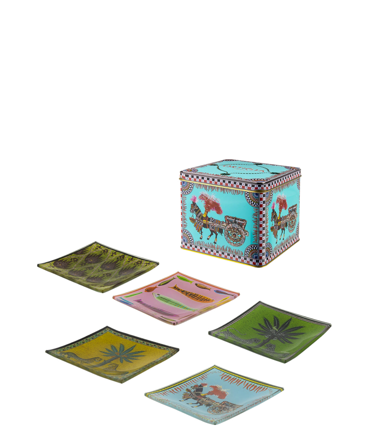 Ortigia Scatola di Latta con 5 Piattini in Vetro