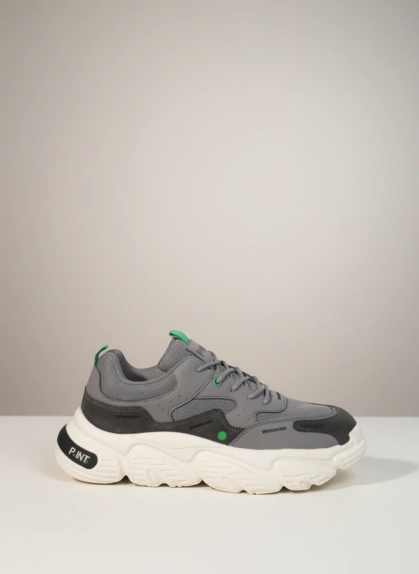 Vittorio Citro Sneakers Unisex Point3 Big Bang grigie in pelle e tessuto con suola chunky e dettagli verdi.