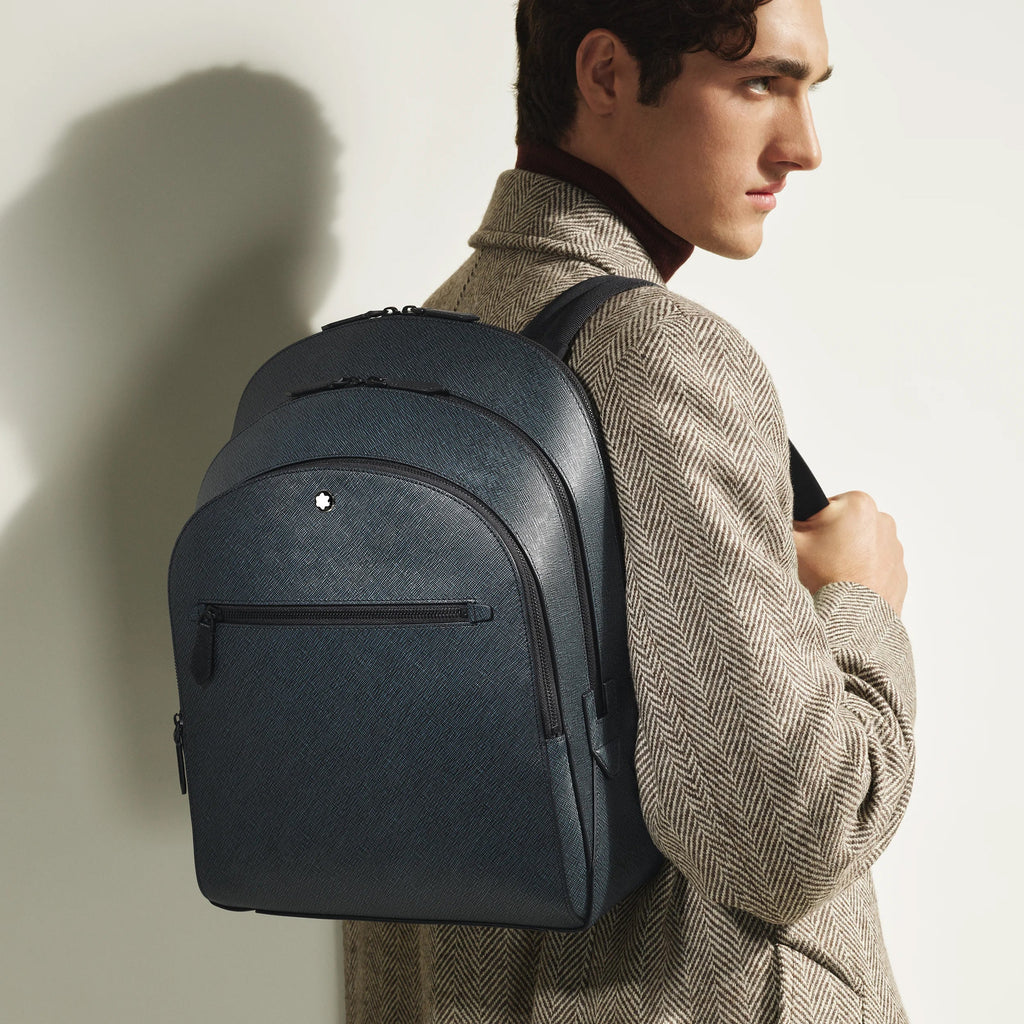 Montblanc blue tweed backpack with 3 functional compartments