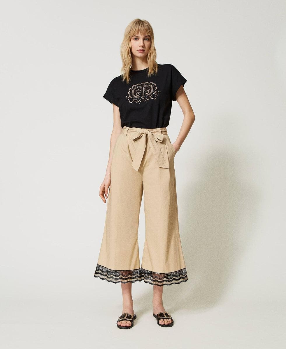 Pantaloni cropped in popeline con pizzo bicolore - Vittorio Citro Boutique