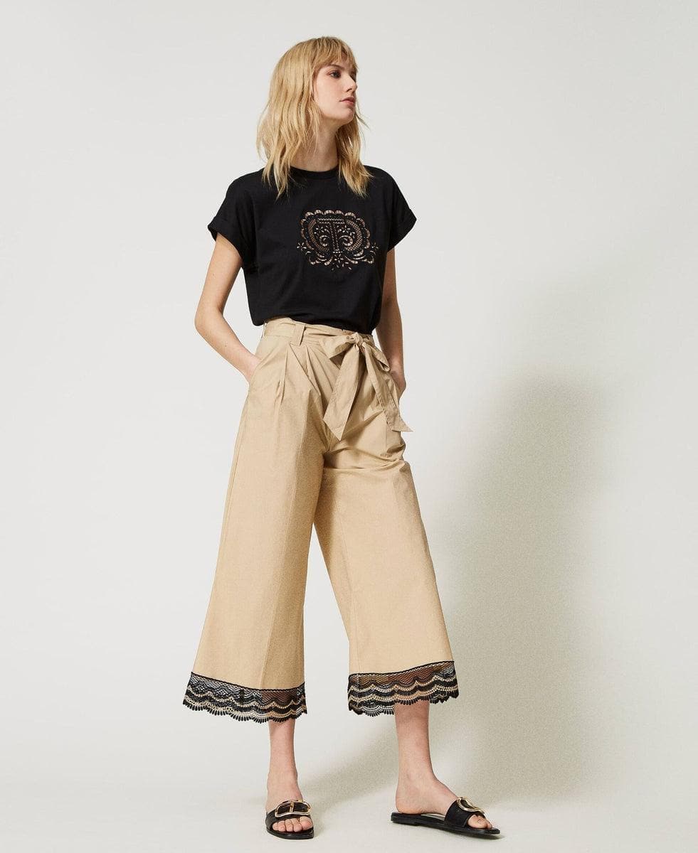 Pantaloni cropped in popeline con pizzo bicolore - Vittorio Citro Boutique
