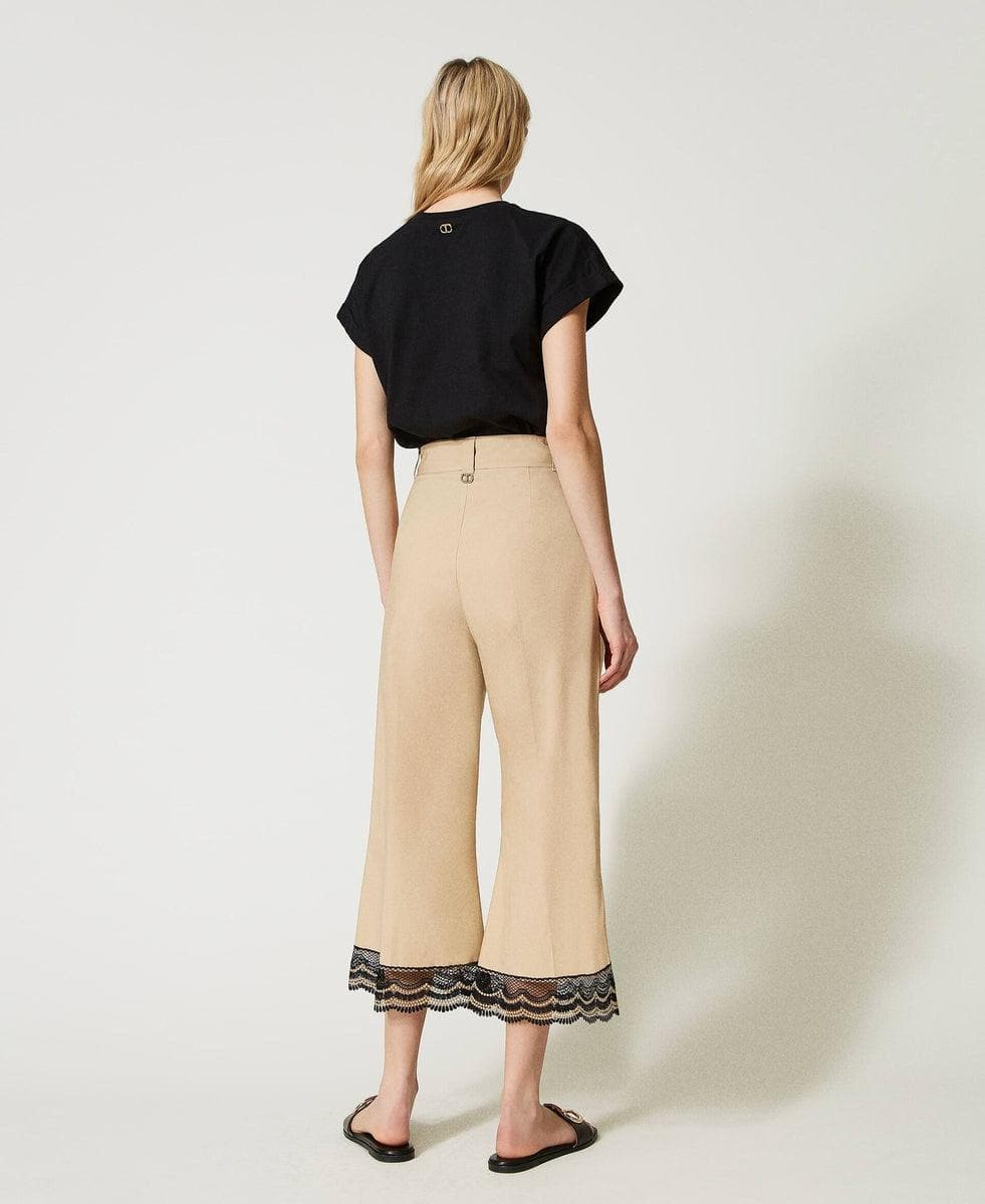 Pantaloni cropped in popeline con pizzo bicolore - Vittorio Citro Boutique